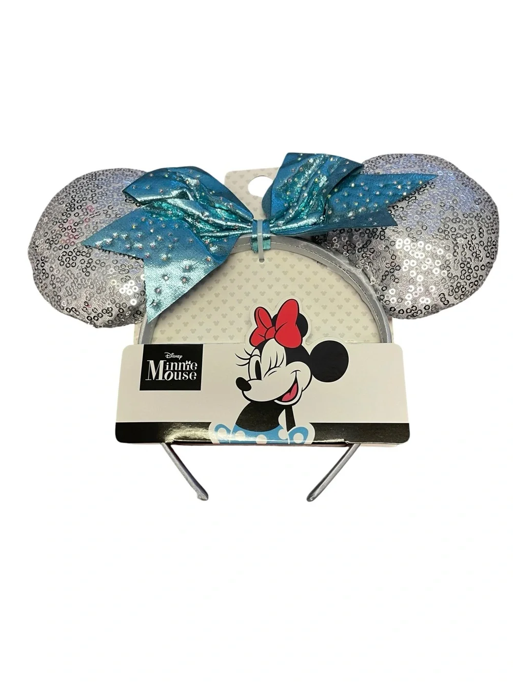 Disney Minnie Mouse Silver Sequin Ears Headband with Blue Bow